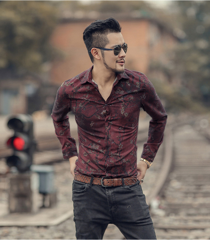 2023 Νέα ανδρικά μεταξωτά σατέν πουκάμισα με φλοράλ εμπριμέ ανδρική λεπτή εφαρμογή με μακρυμάνικο λουλούδι με στάμπα Casual πουκάμισο για πάρτι M-3XL