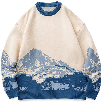 Meeste hip-hop tänavarõivad Harajuku kampsun Vintage Jaapani stiilis Snow Mountain kootud kampsun Talvine vabaaja Pullover kudum