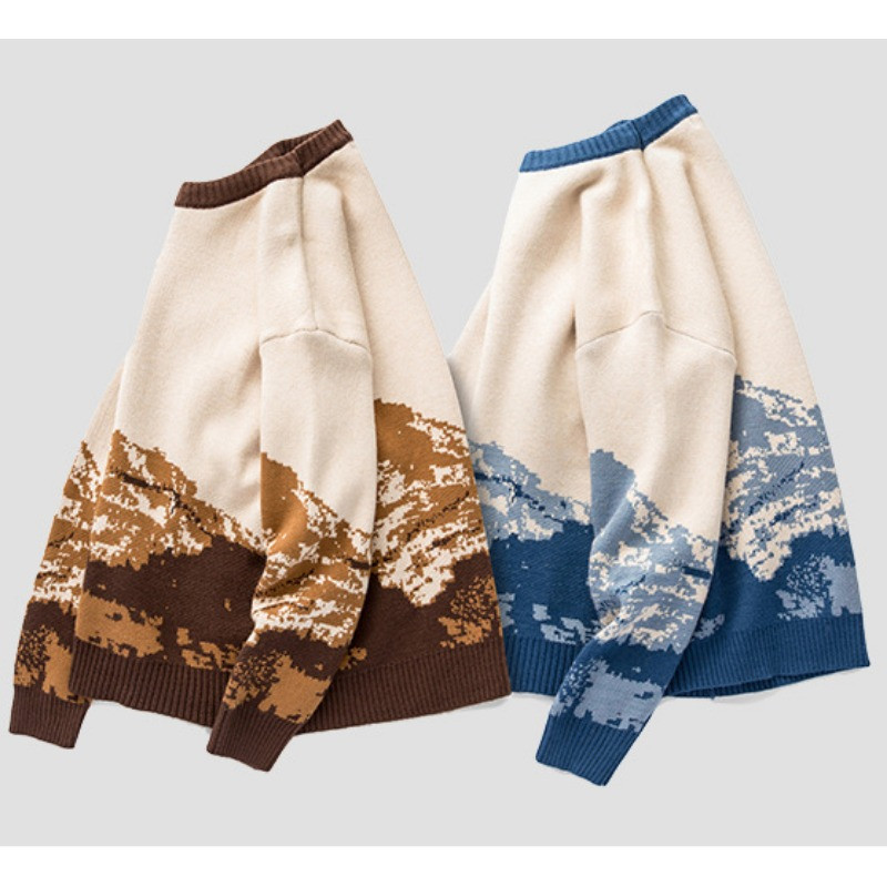 Meeste hip-hop tänavarõivad Harajuku kampsun Vintage Jaapani stiilis Snow Mountain kootud kampsun Talvine vabaaja Pullover kudum