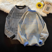 Japanski karirani pulover Muška pletiva 2023 Nova zima jesen Retro Vintage Harajuku pulover Pleteni pulover E78