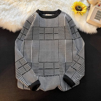 Japanski karirani pulover Muška pletiva 2023 Nova zima jesen Retro Vintage Harajuku pulover Pleteni pulover E78