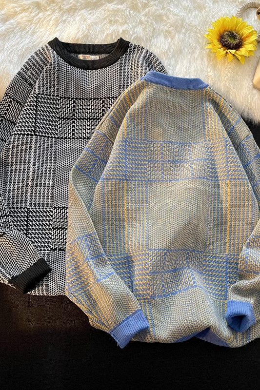 Japanski karirani pulover Muška pletiva 2023 Nova zima jesen Retro Vintage Harajuku pulover Pleteni pulover E78