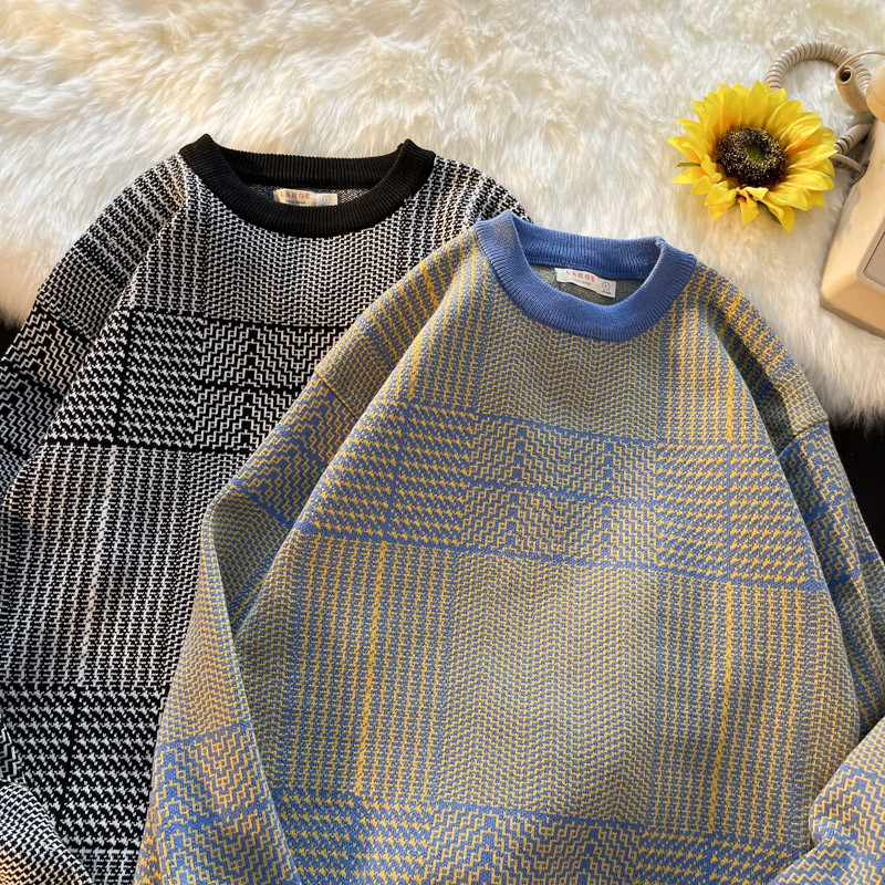 Japanski karirani pulover Muška pletiva 2023 Nova zima jesen Retro Vintage Harajuku pulover Pleteni pulover E78