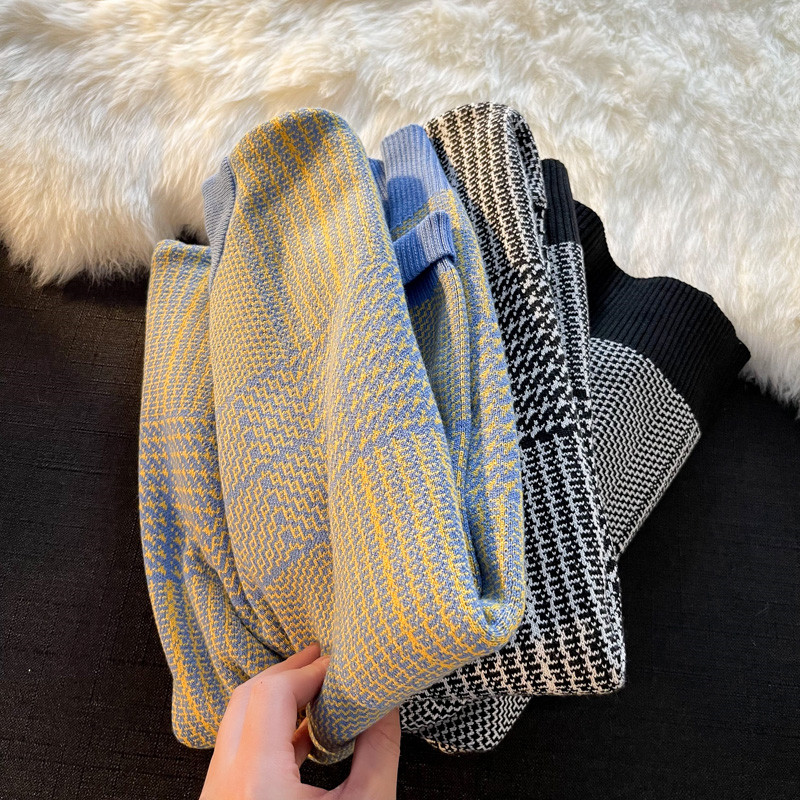 Japanski karirani pulover Muška pletiva 2023 Nova zima jesen Retro Vintage Harajuku pulover Pleteni pulover E78