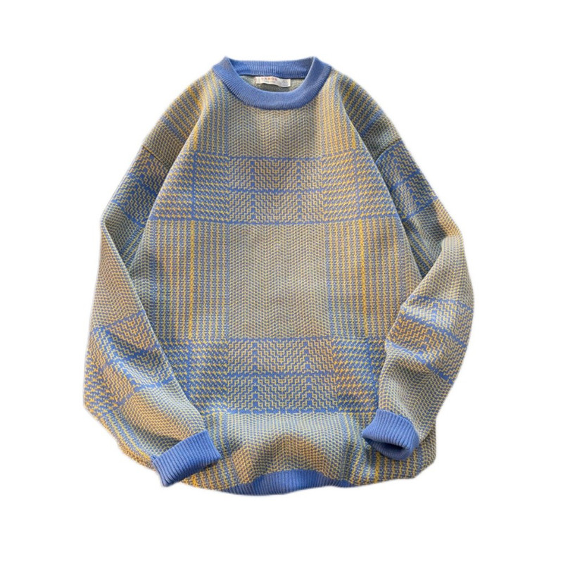 Japanski karirani pulover Muška pletiva 2023 Nova zima jesen Retro Vintage Harajuku pulover Pleteni pulover E78