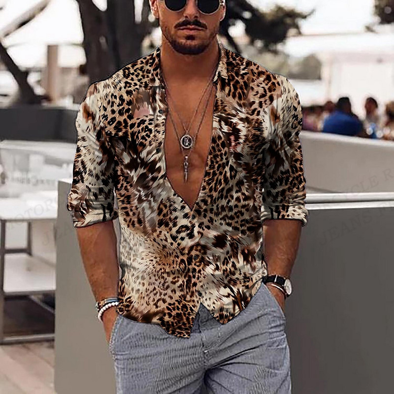 Pikkade varrukatega Hawaii särgid Meeste mood särk Leopard Pluusid Kuuba Rannapluus Meeste riided Turn Over Kutse Camisas