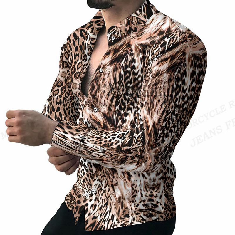 Pikkade varrukatega Hawaii särgid Meeste mood särk Leopard Pluusid Kuuba Rannapluus Meeste riided Turn Over Kutse Camisas