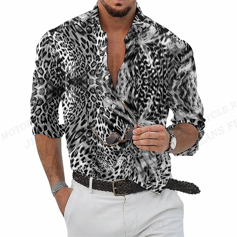 Pikkade varrukatega Hawaii särgid Meeste mood särk Leopard Pluusid Kuuba Rannapluus Meeste riided Turn Over Kutse Camisas