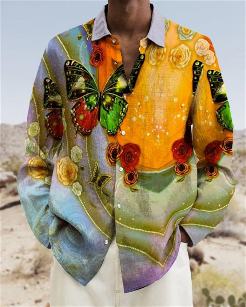 2023. aasta uus moodne meeste kvaliteetne vabaaja polokraega pikkade varrukatega särk Creative Butterfly Print Pehmest ja tervislikust materjalist top