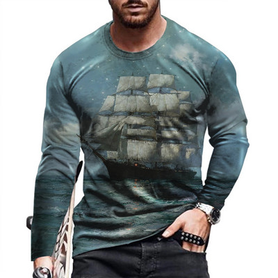 Μακρυμάνικο ανδρικό μπλουζάκι άνοιξη και φθινόπωρο 2021 νέα τάση casual fashion μοτίβο ιστιοπλοϊκό πουκάμισο με λαιμόκοψη