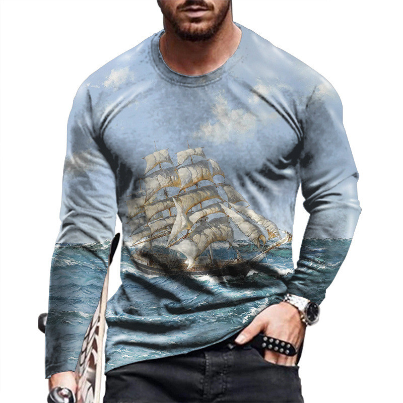 Μακρυμάνικο ανδρικό μπλουζάκι άνοιξη και φθινόπωρο 2021 νέα τάση casual fashion μοτίβο ιστιοπλοϊκό πουκάμισο με λαιμόκοψη