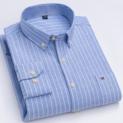 Meeste 100% puuvillased pikkade varrukatega ruudulised ruudulised särgid, üheainsa plaastriga tasku Standardse sobivusega nööbiga triibuline vabaaja Oxfordi särk