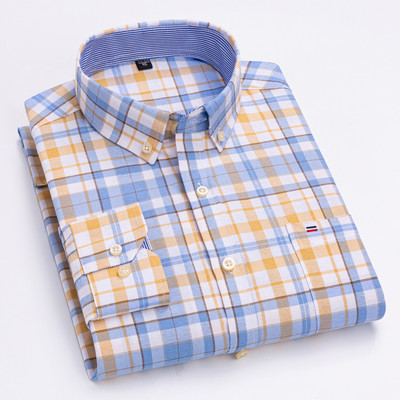 Meeste 100% puuvillased pikkade varrukatega ruudulised ruudulised särgid, üheainsa plaastriga tasku Standardse sobivusega nööbiga triibuline vabaaja Oxfordi särk