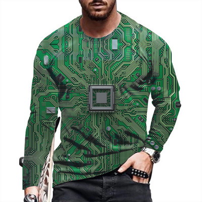 2021. Nova muška modna ležerna majica dugih rukava s 3D ispisom Circuit Board široka sportska majica s okruglim izrezom u punk stilu