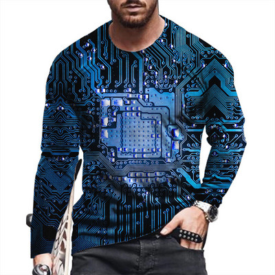 2021. Nova muška modna ležerna majica dugih rukava s 3D ispisom Circuit Board široka sportska majica s okruglim izrezom u punk stilu
