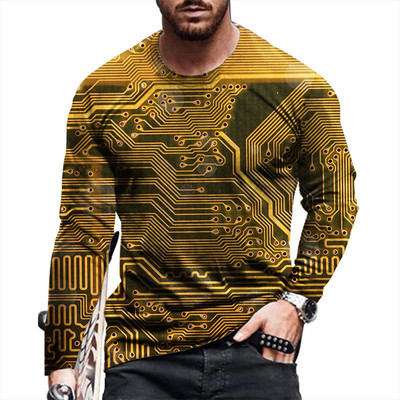 2021. Nova muška modna ležerna majica dugih rukava s 3D ispisom Circuit Board široka sportska majica s okruglim izrezom u punk stilu