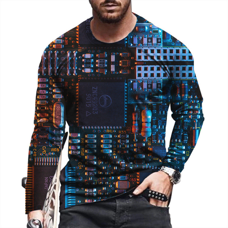 2021. Nova muška modna ležerna majica dugih rukava s 3D ispisom Circuit Board široka sportska majica s okruglim izrezom u punk stilu
