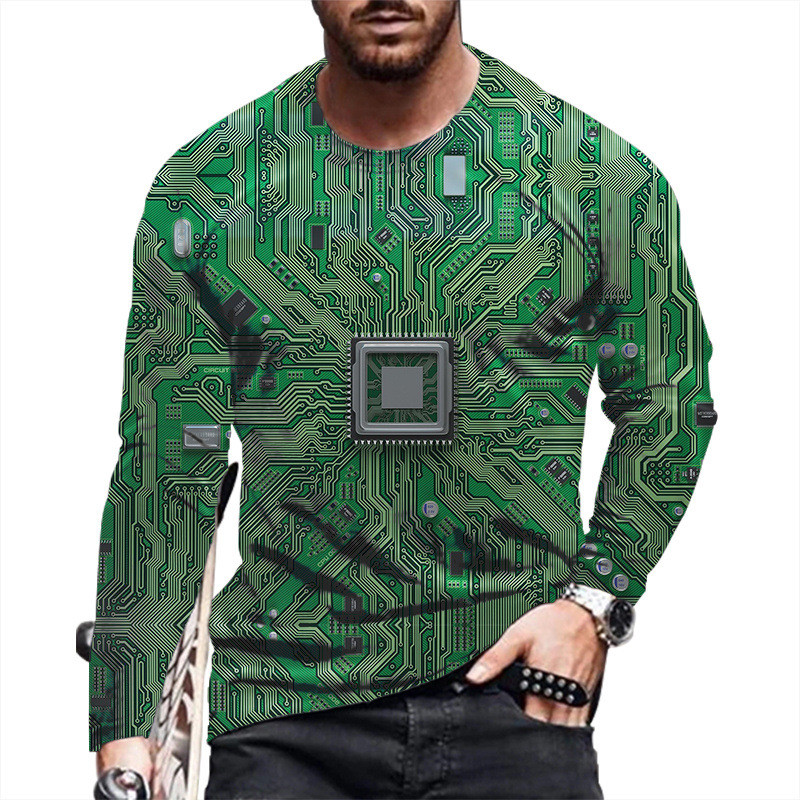 2021. Nova muška modna ležerna majica dugih rukava s 3D ispisom Circuit Board široka sportska majica s okruglim izrezom u punk stilu