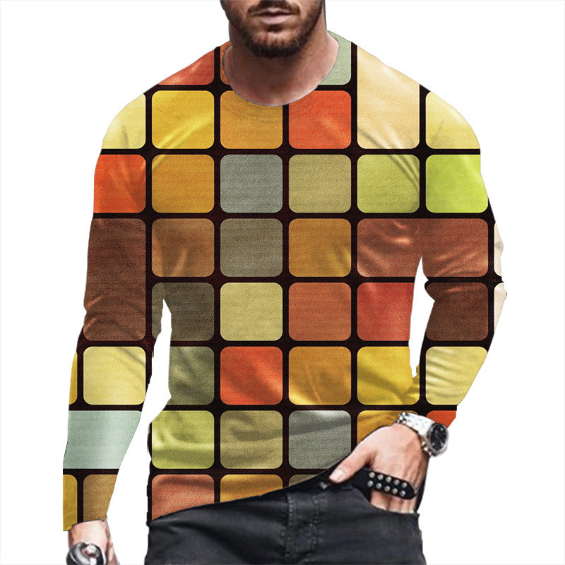 2022. aasta meeste uued pikkade varrukatega 3D-printimine, moodne vabaaja T-särk, joonega ruudukujuline vaba sportlik ümarkaelus, punk-stiilis