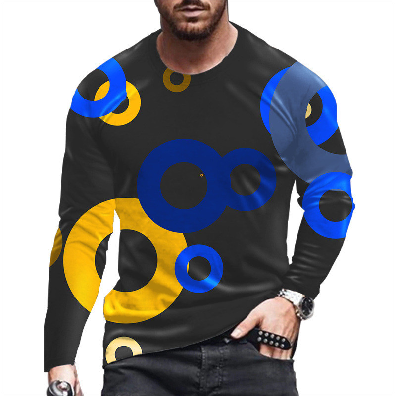 2022. aasta meeste uued pikkade varrukatega 3D-printimine, moodne vabaaja T-särk, joonega ruudukujuline vaba sportlik ümarkaelus, punk-stiilis