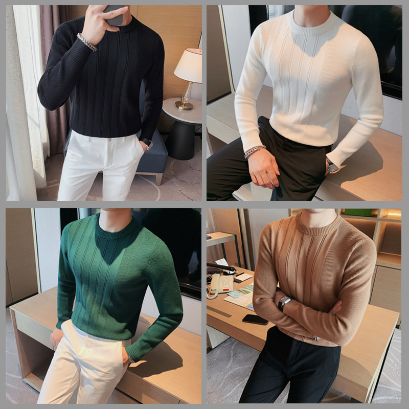 Fashion Pullover Meeste kampsun Korea vabaaja triibuline ühevärviline kampsun Meeste kaelusega elastne kitsas kampsun õhuke kootud top 3XL