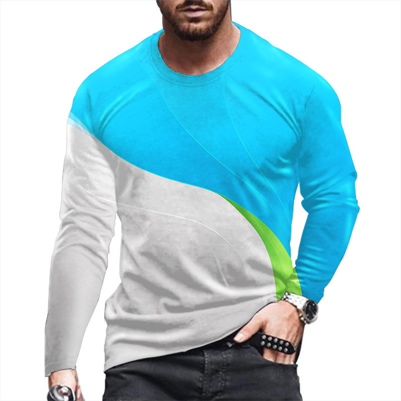 Meeste 2022. aasta uus pikkade varrukatega 3D-printimine, mood vabaaja T-särk Abstraktse värviga lahtine sportlik kaelusega ülaosa punk stiil