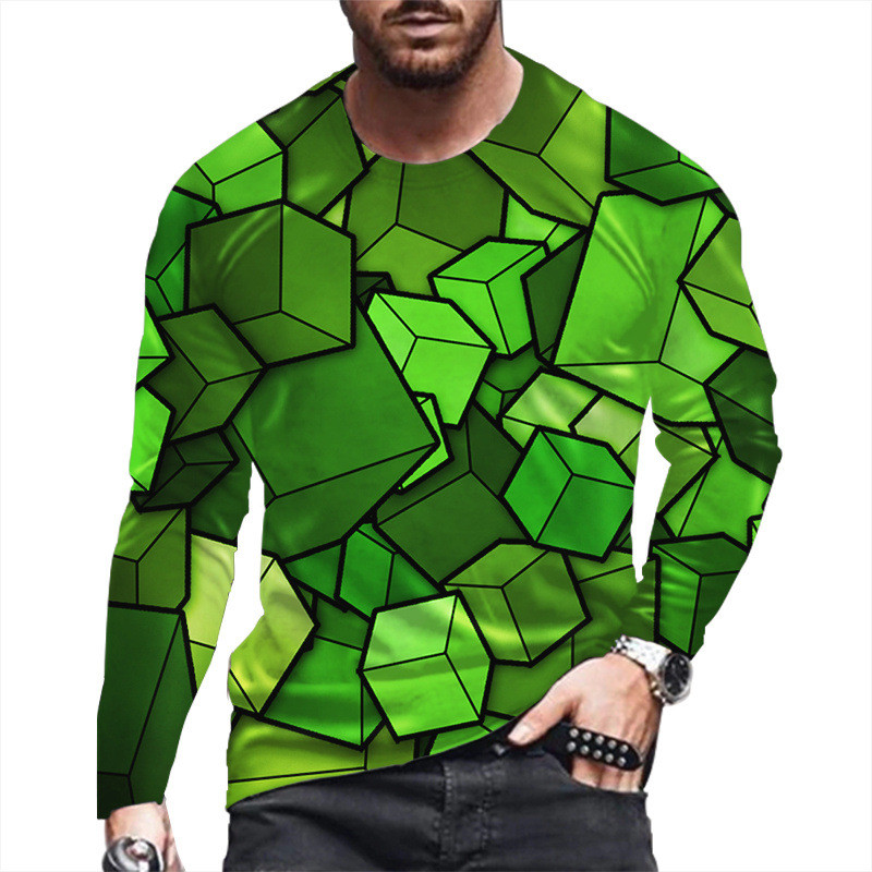 Meeste 2022. aasta uus pikkade varrukatega 3D-printimine, mood vabaaja T-särk Abstraktse värviga lahtine sportlik kaelusega ülaosa punk stiil