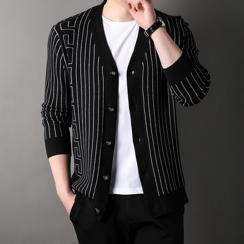 Novi modni jesensko-zimski pleteni kardigan s printom na pruge, muški ležerni pulover, jakna