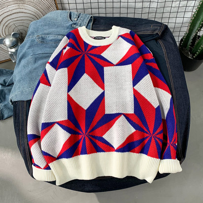 Lahe meeste kampsun, moodne lapiline muster, trükitud O-kaelusega pikkade varrukatega kevadine vabaaja õues riietus lahtine Korea kampsun, Unisex