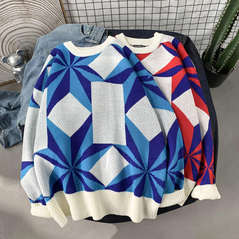 Lahe meeste kampsun, moodne lapiline muster, trükitud O-kaelusega pikkade varrukatega kevadine vabaaja õues riietus lahtine Korea kampsun, Unisex