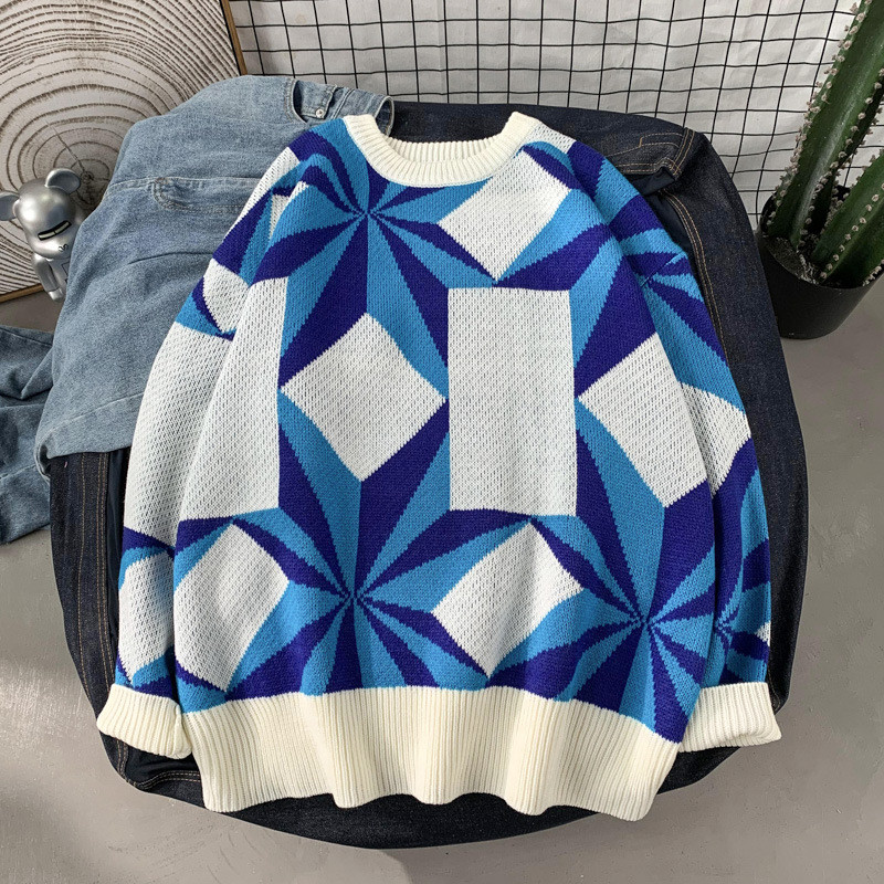 Lahe meeste kampsun, moodne lapiline muster, trükitud O-kaelusega pikkade varrukatega kevadine vabaaja õues riietus lahtine Korea kampsun, Unisex