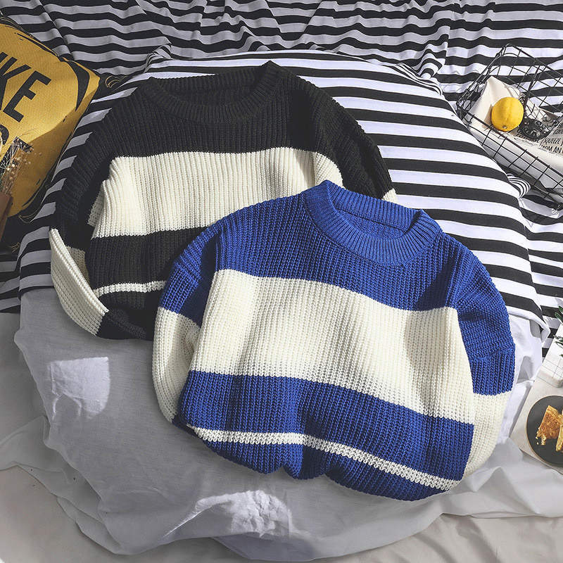 Ανδρικό πουλόβερ με ριγέ πουλόβερ με λαιμόκοψη Κορεάτικο μακρυμάνικο κλασικό πουλόβερ Κορυφαίο φθινόπωρο, χειμερινό, ποιοτικό πουλόβερ γραφείου για ζευγάρι