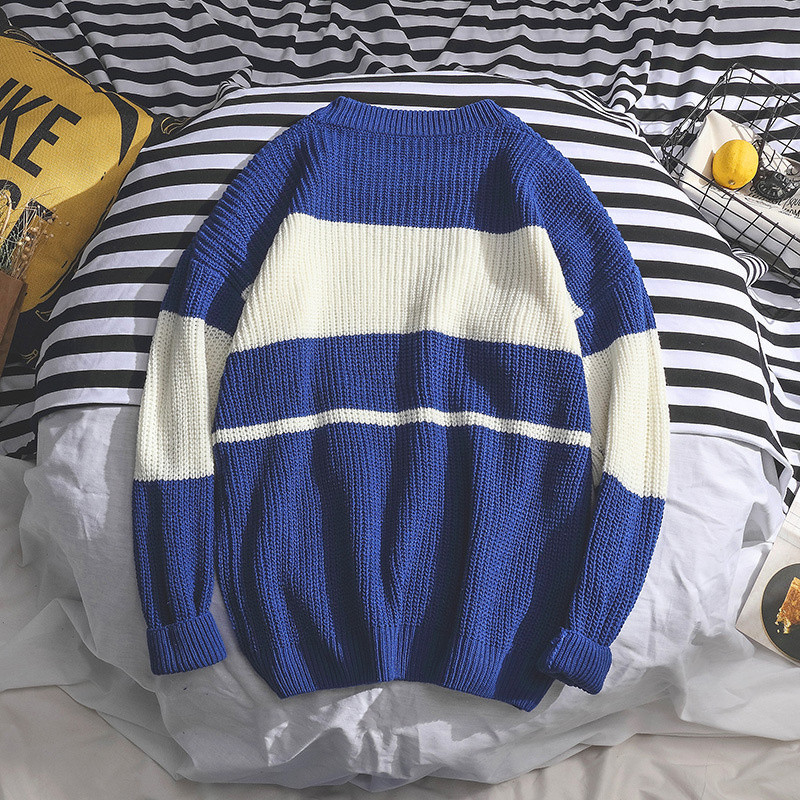 Ανδρικό πουλόβερ με ριγέ πουλόβερ με λαιμόκοψη Κορεάτικο μακρυμάνικο κλασικό πουλόβερ Κορυφαίο φθινόπωρο, χειμερινό, ποιοτικό πουλόβερ γραφείου για ζευγάρι
