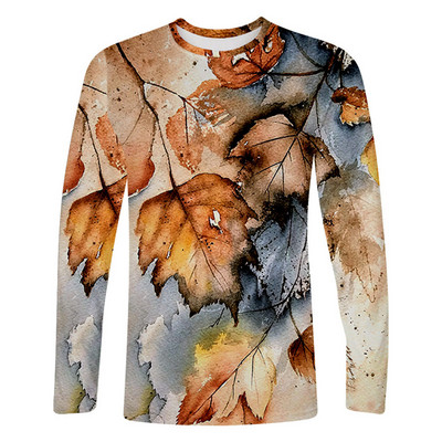3D-prindiga puulehtede muster Meeste vabaaja T-särgid pikkade varrukatega ümarkaelusega hingavad ülisuured meeste topid Tänavarõivad, 6XL