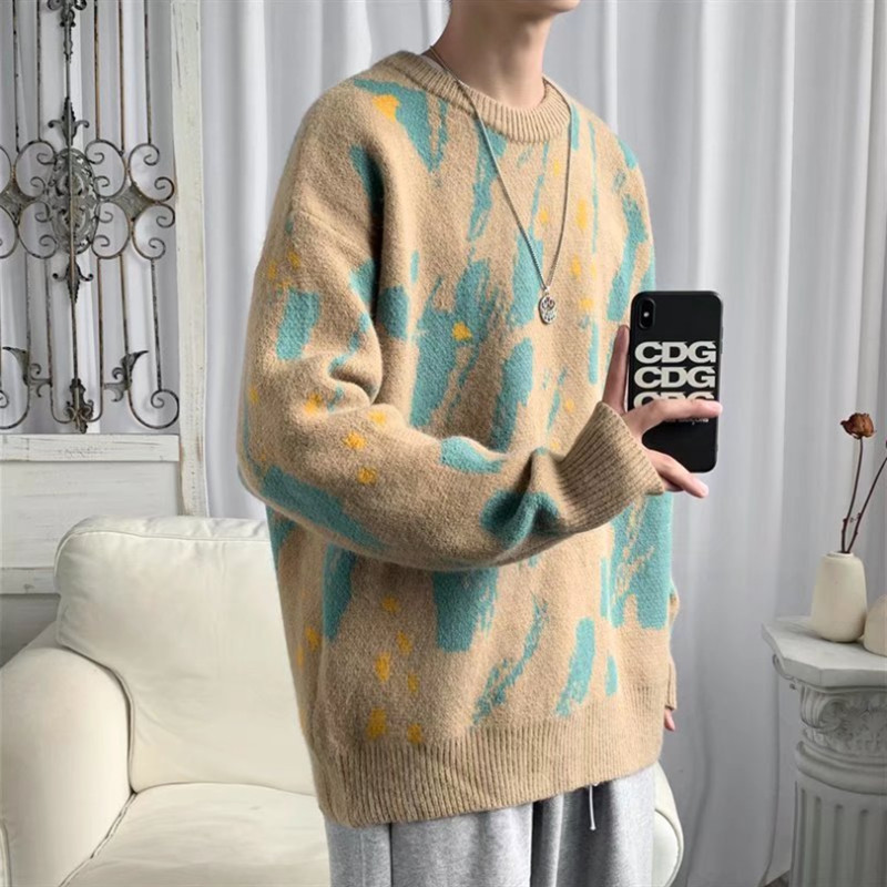Cool Man πουλόβερ Μόδα με βαμμένα πουλόβερ Άνοιξη σε εξωτερικούς χώρους Casual χαλαρά ρούχα Streetwear Vintage επώνυμα ανδρικά πλεκτά πουλόβερ