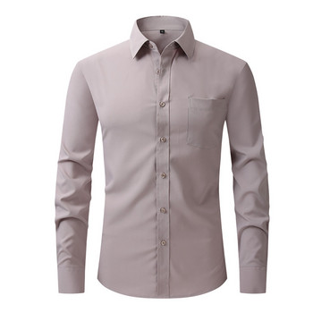 2023 Dress Business Soild Long Sleeved Anti-Wrinkle Stretch Slim Elastic Fit Male Men Social Formal Shirt USA РАЗМЕР S-2XL