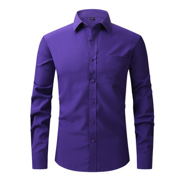 2023 Dress Business Soild Long Sleeved Anti-Wrinkle Stretch Slim Elastic Fit Male Men Social Formal Shirt USA РАЗМЕР S-2XL