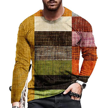 2023 World Winter Cotton Mosaic Loose Color Block 3d Print Мъжка тениска с кръгло деколте и дълъг ръкав Ежедневна горна тениска с поло