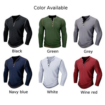 Мъжки тениски с яка Henley Ежедневни тениски с дълъг ръкав, тънки копчета, дишащ пуловер, тениски, тениски, облекло