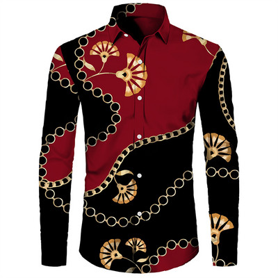 Luksuzne muške košulje, modni pozlaćeni lanac, 3D printane majice dugih rukava, košulja s otvorenim ovratnikom i kopčanjem, bluze za klubske zabave