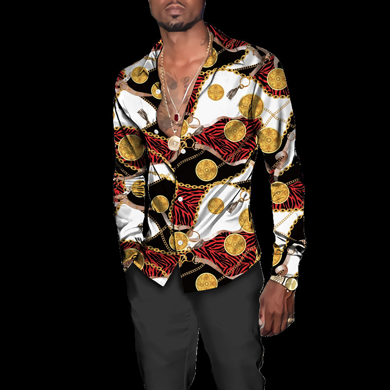 Luksuzne muške košulje, modni pozlaćeni lanac, 3D printane majice dugih rukava, košulja s otvorenim ovratnikom i kopčanjem, bluze za klubske zabave