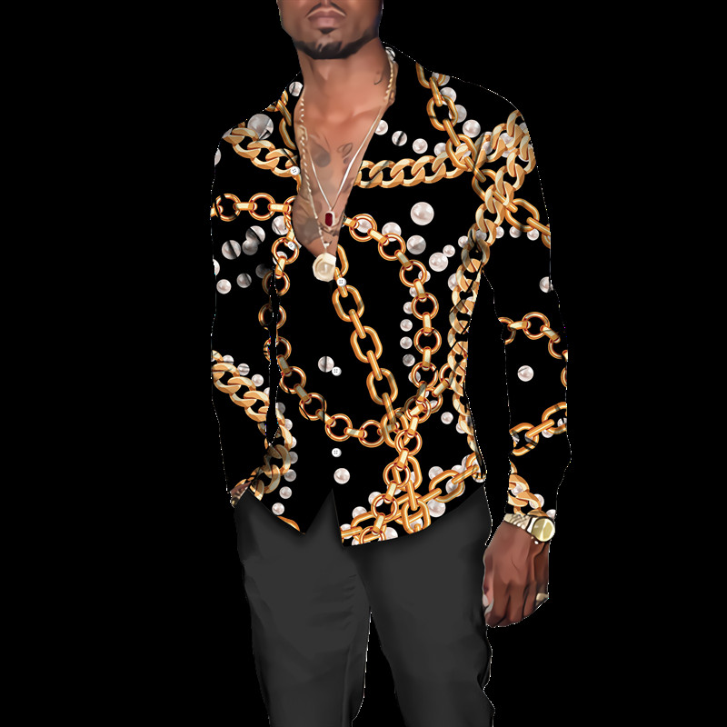 Luksuzne muške košulje, modni pozlaćeni lanac, 3D printane majice dugih rukava, košulja s otvorenim ovratnikom i kopčanjem, bluze za klubske zabave