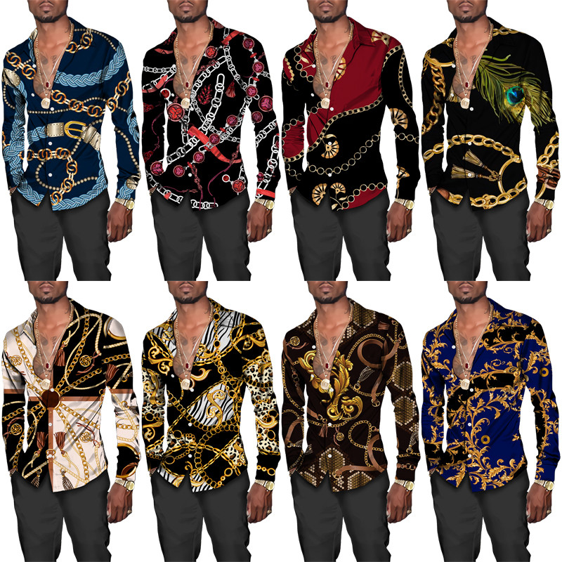 Luksuzne muške košulje, modni pozlaćeni lanac, 3D printane majice dugih rukava, košulja s otvorenim ovratnikom i kopčanjem, bluze za klubske zabave