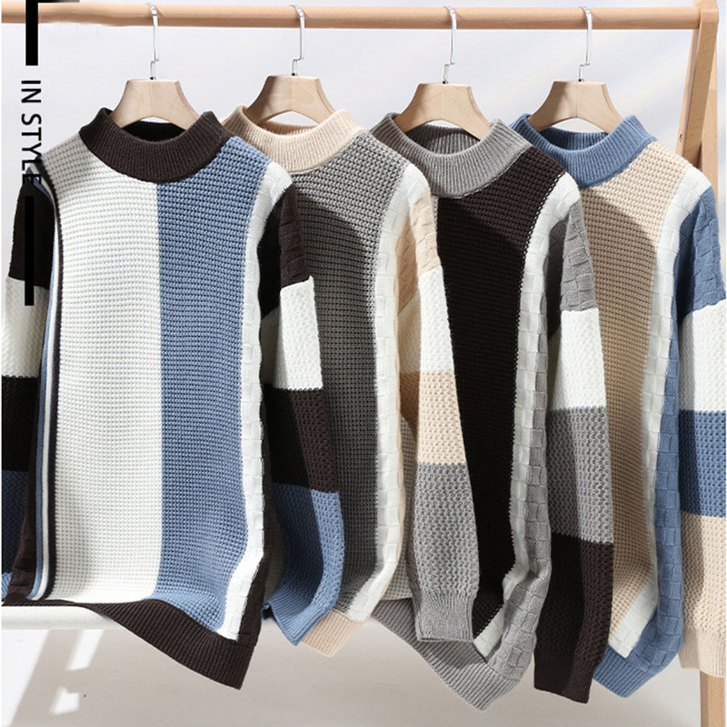 Meeste Mood Triibuline Pullover Kampsun Kootud Pehme Talve Kaabel Koo Soe värvi Joped Tänavarõivad Kapuutsiga jope