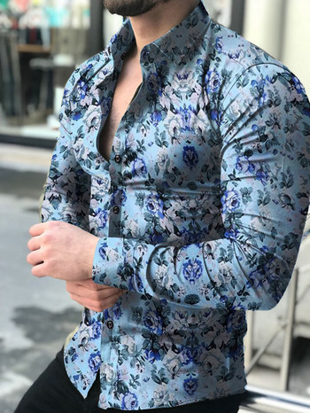 Хавайски ризи с графични флорални ризи Мъжка модна риза с дълъг ръкав Куба Плажна блуза Мъжко облекло с обръщане с едно гърне