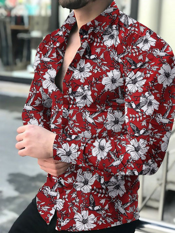 Хавайски ризи с графични флорални ризи Мъжка модна риза с дълъг ръкав Куба Плажна блуза Мъжко облекло с обръщане с едно гърне
