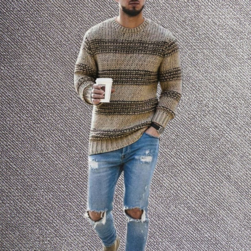 Sügis- ja talvine kampsun Moodne meeste lihtne triibuline ümarkaelus vabaaja kootud kaelaga pullover Veniv kampsun tänavarõivad