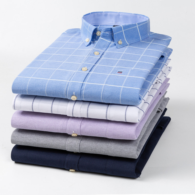 Meeste ruuduline ruuduline pikkade varrukatega Oxfordi kootud särk, ühe plaastriga tasku 100% puuvillane, standardse sobivusega mitmekülgsed vabaaja triibulised särgid