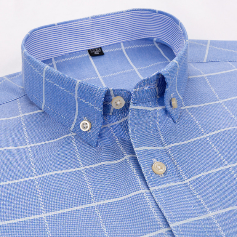 Meeste ruuduline ruuduline pikkade varrukatega Oxfordi kootud särk, ühe plaastriga tasku 100% puuvillane, standardse sobivusega mitmekülgsed vabaaja triibulised särgid