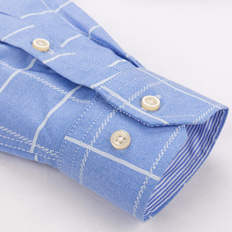 Meeste ruuduline ruuduline pikkade varrukatega Oxfordi kootud särk, ühe plaastriga tasku 100% puuvillane, standardse sobivusega mitmekülgsed vabaaja triibulised särgid